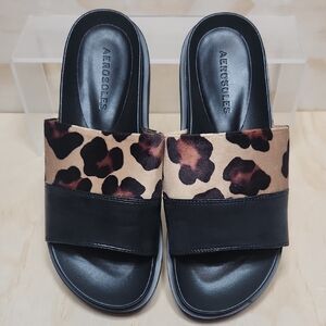 AEROSOLES Louie Leopard Black Women 6 Slides Sandals Beach Velvet Faux Leather